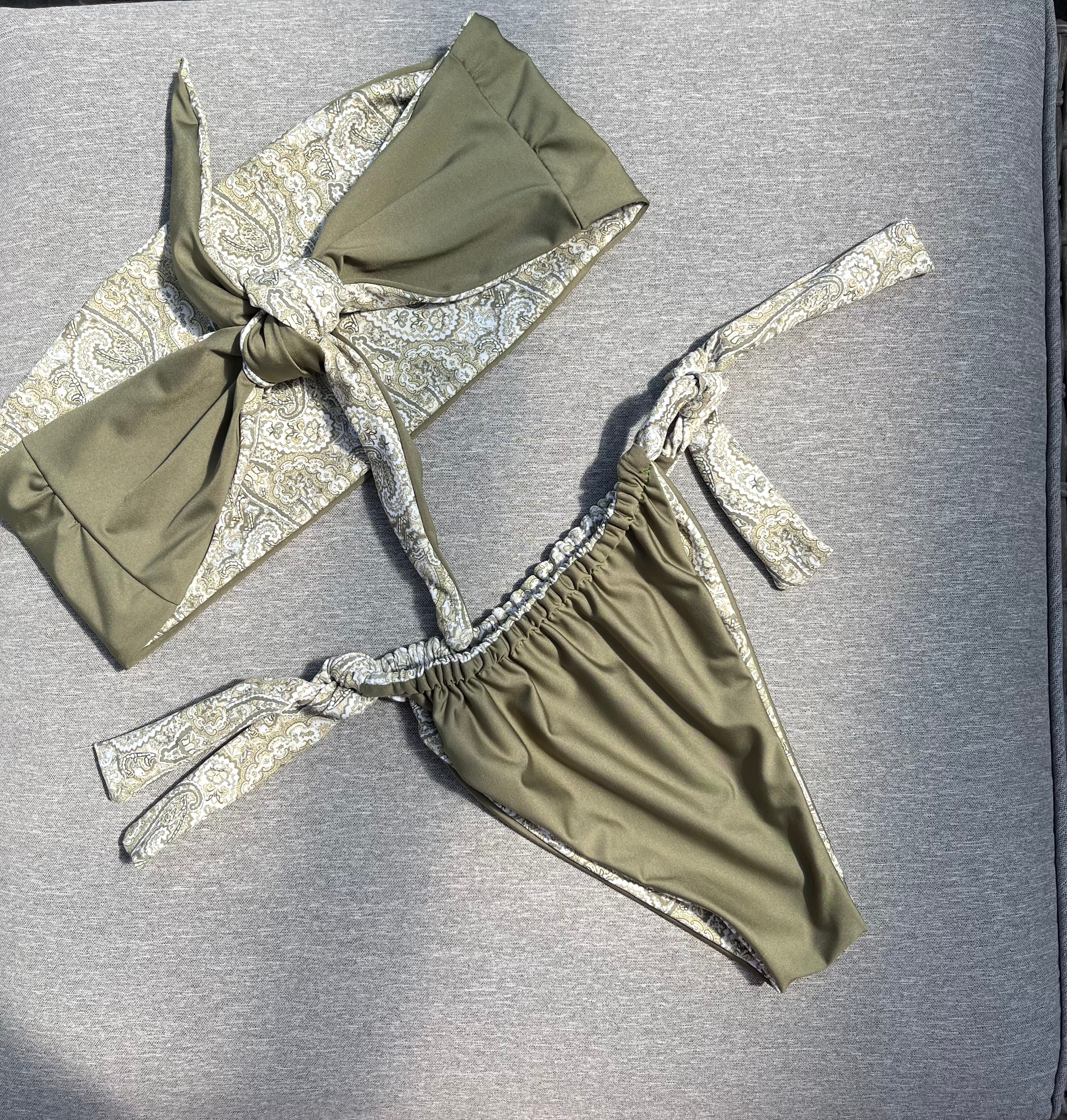 Biarritz Bandeau Bikini Top | Olive Paisley